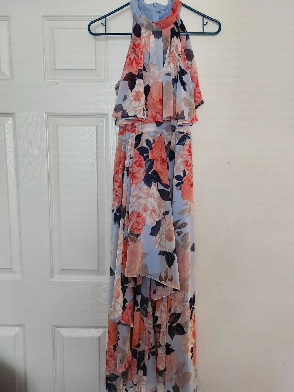 Eliza J Floral Chiffon Halter High-Low Maxi Dress Blue Coral - Picture 1 of 4